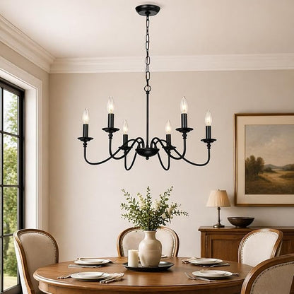 Farmhouse Black Chandelier 6-Light Candle Style Rustic Chandelier, Industrial Metal French Country Ceiling Light Fixture for Dining Room, Kitchen Island, Living Room, Bedroom, Entryway, Foyer