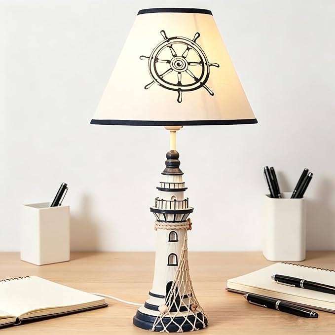 LITFAD Modern Bedside Table Lamp 1 Light Lighthouse LED Reading Light Nautical Style Resin Desk Lamp in Blue for Bedroom Kids Room Office - Rudder