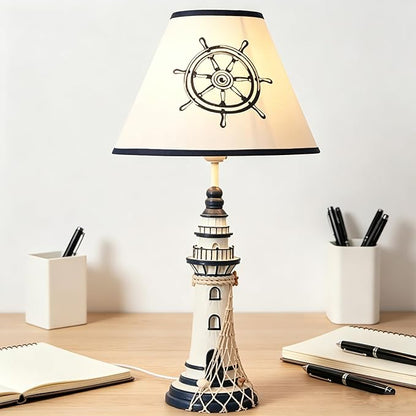 LITFAD Modern Bedside Table Lamp 1 Light Lighthouse LED Reading Light Nautical Style Resin Desk Lamp in Blue for Bedroom Kids Room Office - Rudder