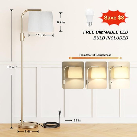 Ambimall Fully Dimmable Floor Lamp with 9W LED Bulb, Standing Lamp for Living Room with Adjustable Head, Modern Tall Light with Rotary Switch for Office, Light Gold and Beige