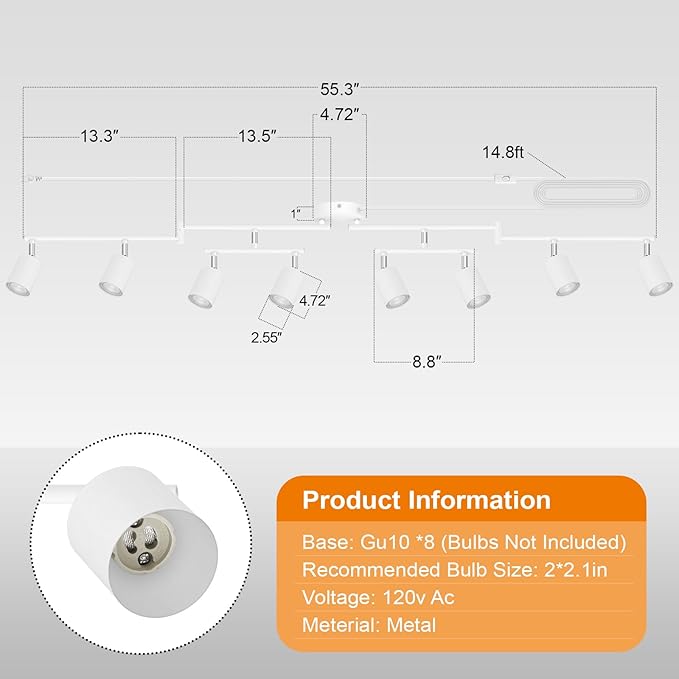 Track Lighting Plug in, LED Track Lighting Fixtures Ceiling Kit, White 8-Light Ceiling Light Plug-in, Wall Light with 15ft Power Cord, Rotatable Kitchen Spotlight for Bedroom(GU10 Socket, NO Bulb)