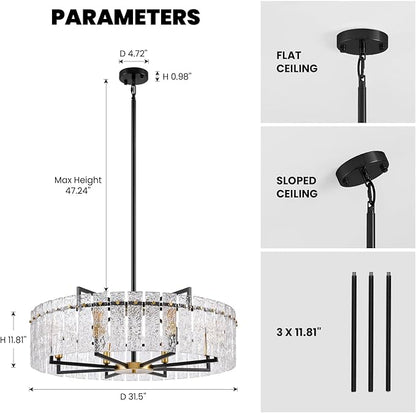 31.5" Modern Round Drum Chandelier Luxury 8-Light Round Large Gold Chandelier Lighting Fixtures Water Ripple Glass Chandeliers for Living Room Dining Room Hotel Foy