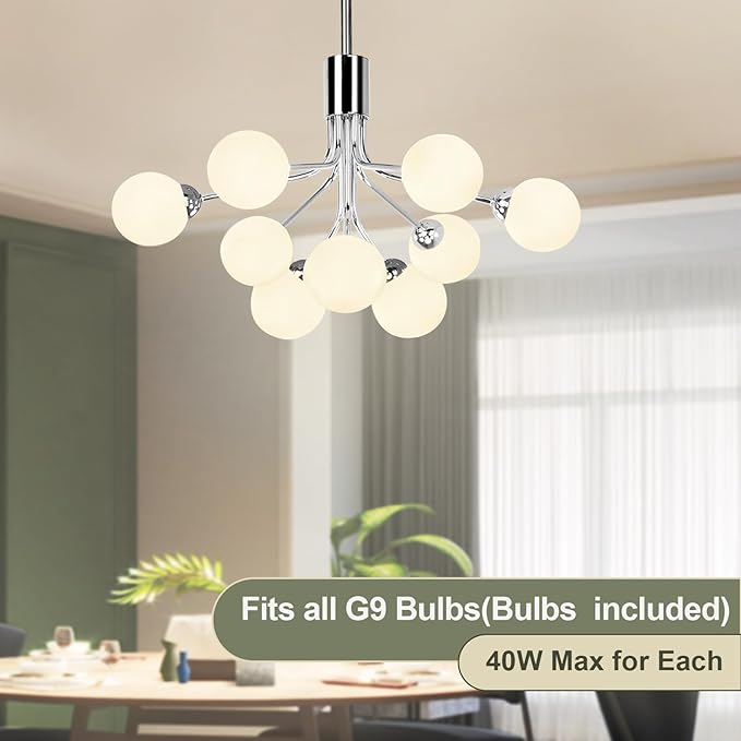Depuley Glass Ball Sputnik Chandelier: 9-Light Modern Mid Century Chrome Chandelier Dining Room - 23.6" Globe Chandelier Light Fixture Height Adjustable Kitchen Over Table (Included G9 Bulbs)