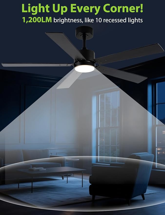 Black Ceiling Fans with Lights, 52 Inch Modern Ceiling Fan with Remote Outdoor Ceiling Fan for Bedroom, Living Room,High CFM Ceiling Fans with 3CCT LED Lights Kit, Quiet DC Motor, Timer