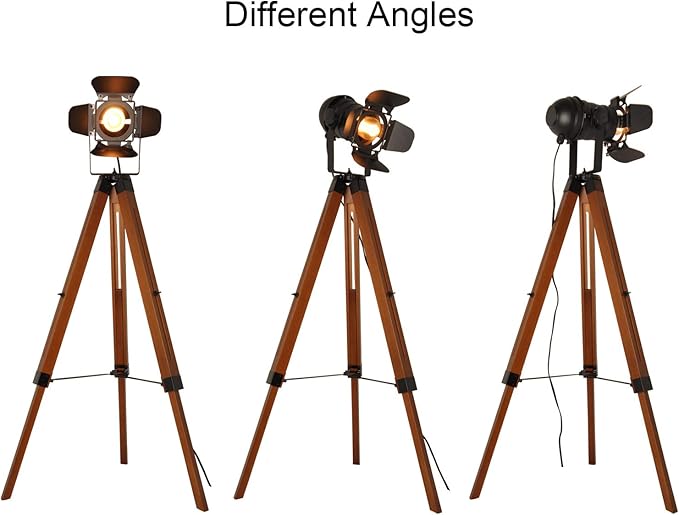 Decoluce Vintage Tripod Floor Lamp, Height Adjustable Wooden Camera Tripod Rotatable Spotlight Tall Standing Light, Nostalgic Cinema Lamps for Living Room, Bedroom, Studios Decor(Black)