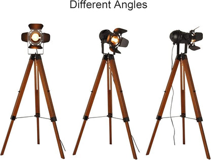 Decoluce Vintage Tripod Floor Lamp, Height Adjustable Wooden Camera Tripod Rotatable Spotlight Tall Standing Light, Nostalgic Cinema Lamps for Living Room, Bedroom, Studios Decor(Black)