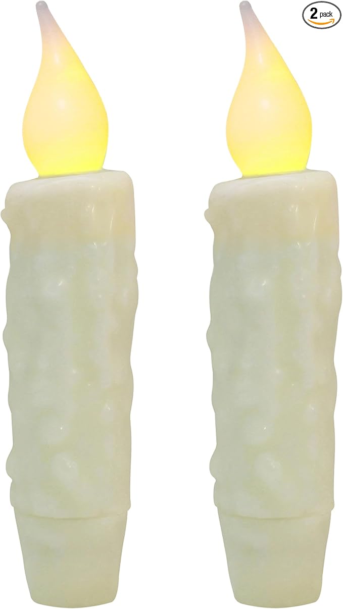 CVHOMEDECO. Real Wax Hand Dipped Battery Operated LED Timer Taper Candles Country Primitive Flameless Lights Décor, 4-3/4 Inch, Ivory, 2 PCS in a Package