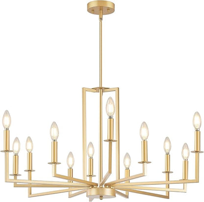 Modern Gold Chandelier, Farmhouse Candle Dining Room Chandeliers, Metal Hanging Pendant Light Fixture for Kitchen, Foyer, Bedroom, Living Room, Staircase, Entryway, 12-Light