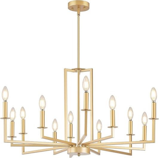 Modern Gold Chandelier, Farmhouse Candle Dining Room Chandeliers, Metal Hanging Pendant Light Fixture for Kitchen, Foyer, Bedroom, Living Room, Staircase, Entryway, 12-Light