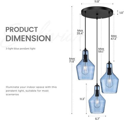 Emliviar 3-Light Cluster Pendant Light, Blue Hanging Pendant Lights with Seeded Glass for Kitchen Hallway Dining Room, DYE286G1-3 BK