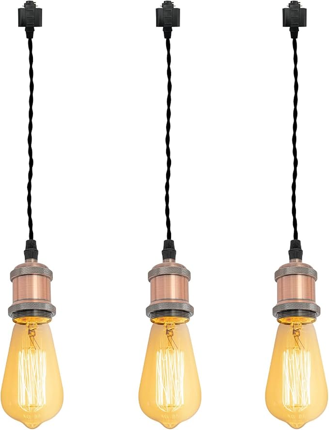 Kiven H-Type Wire Track Light Pendants, 48 Inch Cord Length Black Weave Rope, 3 Pack Decorative Pendant Light Industrial Factory Pendant Lamp 3 Pack,Bulb Not Included（Copper Red）