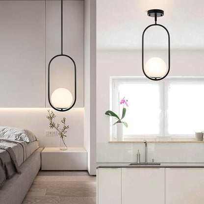 BYOLIIMA Modern Globe Pendant Light Mid Century Chandelier 1-Light Matte Black Ceiling Hanging Lighting Fixture with White Globe Glass Shade for Kitchen Island Dining Room Bedroom
