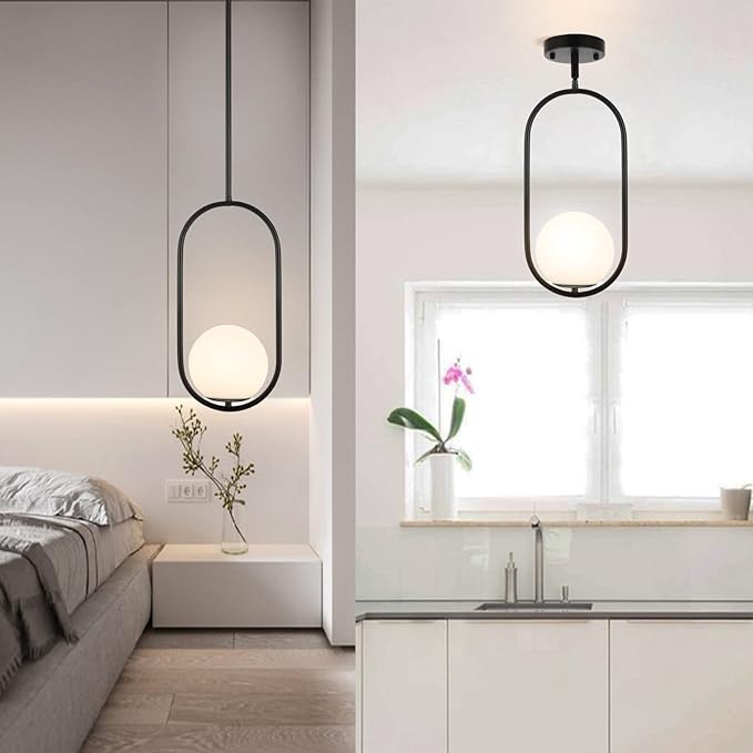 BYOLIIMA Modern Globe Pendant Light Mid Century Chandelier 1-Light Matte Black Ceiling Hanging Lighting Fixture with White Globe Glass Lampshade for Kitchen Island Dining Room Bedroom (2 Pack)