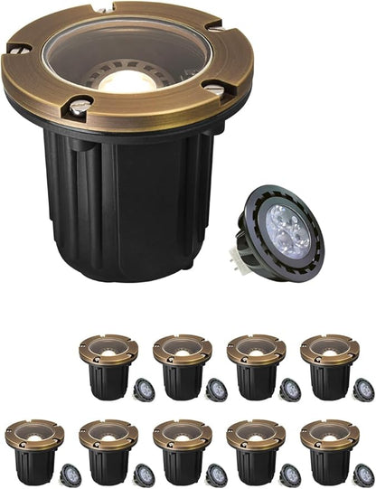 MALORY Brass Top Cover Landscape Well Lights, (φ126 mm) 12V Low Voltage Outdoor In Ground Lights,Landscape Lighting for Pathway, Driveway and Garden 10-Pack with Bulb (Flat Top)