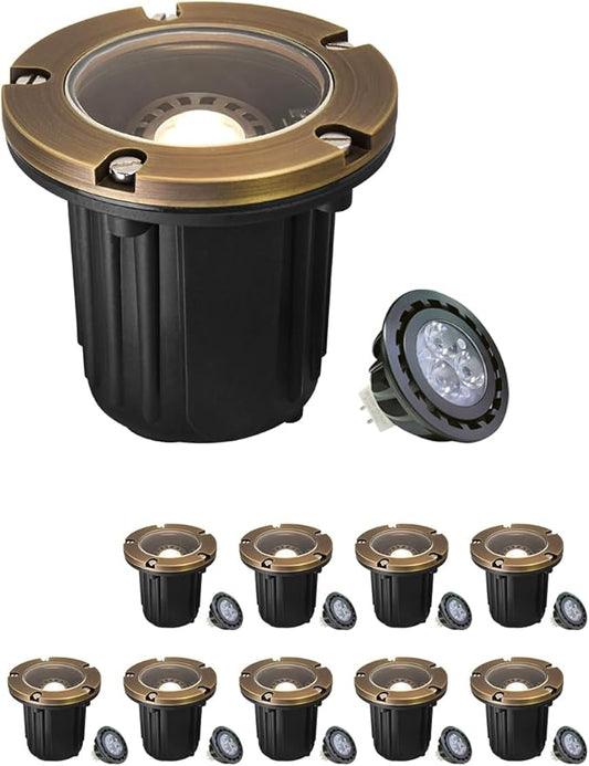 MALORY Brass Top Cover Landscape Well Lights, (φ126 mm) 12V Low Voltage Outdoor In Ground Lights,Landscape Lighting for Pathway, Driveway and Garden 10-Pack with Bulb (Flat Top)