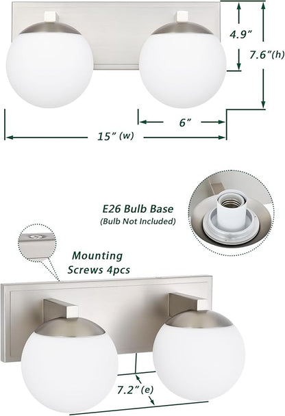 Bathroom Vanity Light Fixtures, 2-Light Globe Bathroom Lighting Fixtures Over Mirror, Modern Wall Lights for Living Room, Long Backplate, Standard E26 Base, Brushed Nickel
