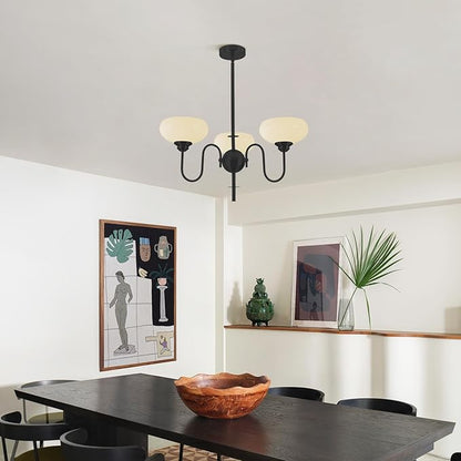 BOKT 3 Light French Chandeliers for Dining Room, Black Farmhouse Chandelier for Bedroom, Small Chandelier with Milk White Bowl Glass Shades