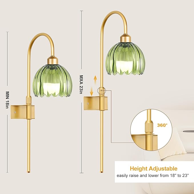 ZECOXOL Vintage Battery Operated Wall Sconces Set of 2, Gold Rechargeable Wireless Wall Lamp Lights with Glass Lampshade & Remote,Dimmable 12 Colors Flower Wall Sconce for Bedroom Living Room Hallway
