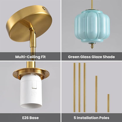 Vintage Blue Glass Pendant Lights 9.8 Inch Mid Century Modern Hanging Ceiling Light, Adjustable Height Kitchen Island Hanging Lights for Dining Room, Kitchen, Hallway and Bedroom, E26 Base