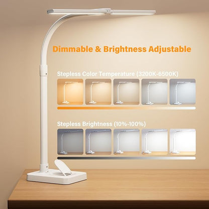 LED Desk Lamp with Base - Bright Dimmable Computer Lamp with Phone Holder, 24W Bendable Desk Light for Monitor Screen, Eye-Caring Tall Desktop Light for Task Home Office Work, White, Dual Head