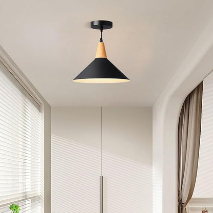 Modern Black Pendant Light Fixtures, 11.8" Farmhouse Wood Pendant Lighting, Industrial Cone Hanging Lights for Kitchen Island,Dining Room,Hallway,Barn,Entryway,Restaurant