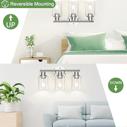 Zarbitta 3-Light Bathroom Light Fixtures, Brushed Nickel Vanity Light, Farmhouse Wall Lights with Clear Glass Shade, Bathroom Wall Lamp for Mirror Kitchen Bedroom Hallway Living Room Hallway Cabinet