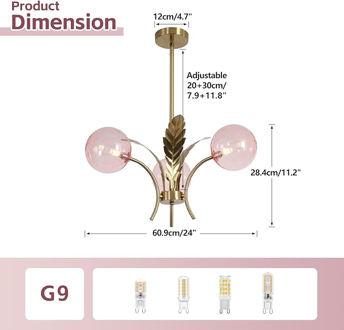 BOKT Pink Gold Sputnik Semi Flush Mount Ceiling Pendant Light Antique Globe Vintage Mid Century Modern Glass Chandelier for Dining Room Bedroom Kitchen Hallway G9 Bulb Included
