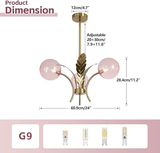 BOKT Pink Gold Sputnik Semi Flush Mount Ceiling Pendant Light Antique Globe Vintage Mid Century Modern Glass Chandelier for Dining Room Bedroom Kitchen Hallway G9 Bulb Included