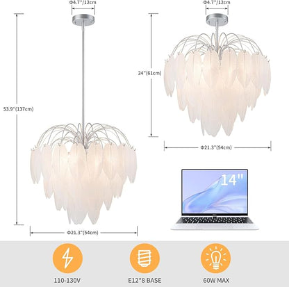 LumFurn D21inch Glass Chandeliers, 8-Light Modern Pendant Light Fixture for Dining Room, Living Room, D21 x H24~54" Adjustable Height, Frosted Feather-Shaped Glass Shade & Silver Finish Frame