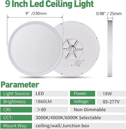 4PK 9 Inch LED Flush Mount Ceiling Light, 18W, 1860LM, 3000K/4000K/6000K CCT Selectable, Round Flat Panel Low Profile Ceiling Light Fitures for Hallway, Kitchen, Bedroom, Laundry Room