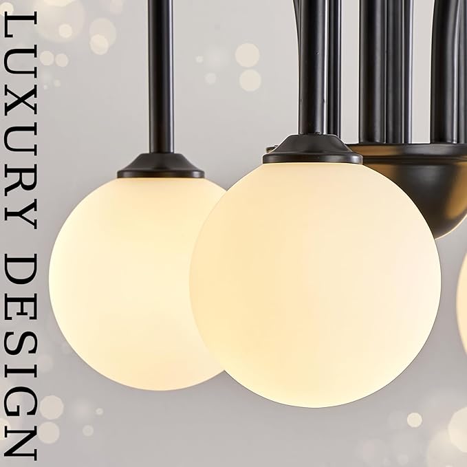 CATINER Modern Black Sputnik Chandeliers Extra Large 18 Lights L59”Mid Century Ceiling Pendant Lighting Fixture with Milk Glass Globe Shades for High Ceiling Living Room Foyer Staircase
