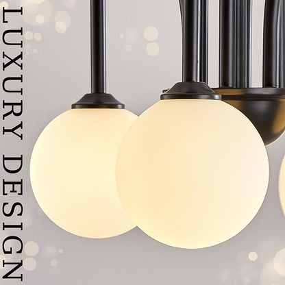 CATINER Modern Black Sputnik Chandeliers Extra Large 18 Lights L59”Mid Century Ceiling Pendant Lighting Fixture with Milk Glass Globe Shades for High Ceiling Living Room Foyer Staircase