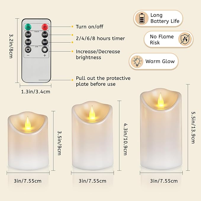 Artmarry Flameless Candles 4" 5" 6" Outdoor Indoor Pillars Battery Operated Flickering Candles Include 8-Key Remote Timer 400+ Hours by 2 AA Batteries (White Candle - Warm Light, 6 Pack)