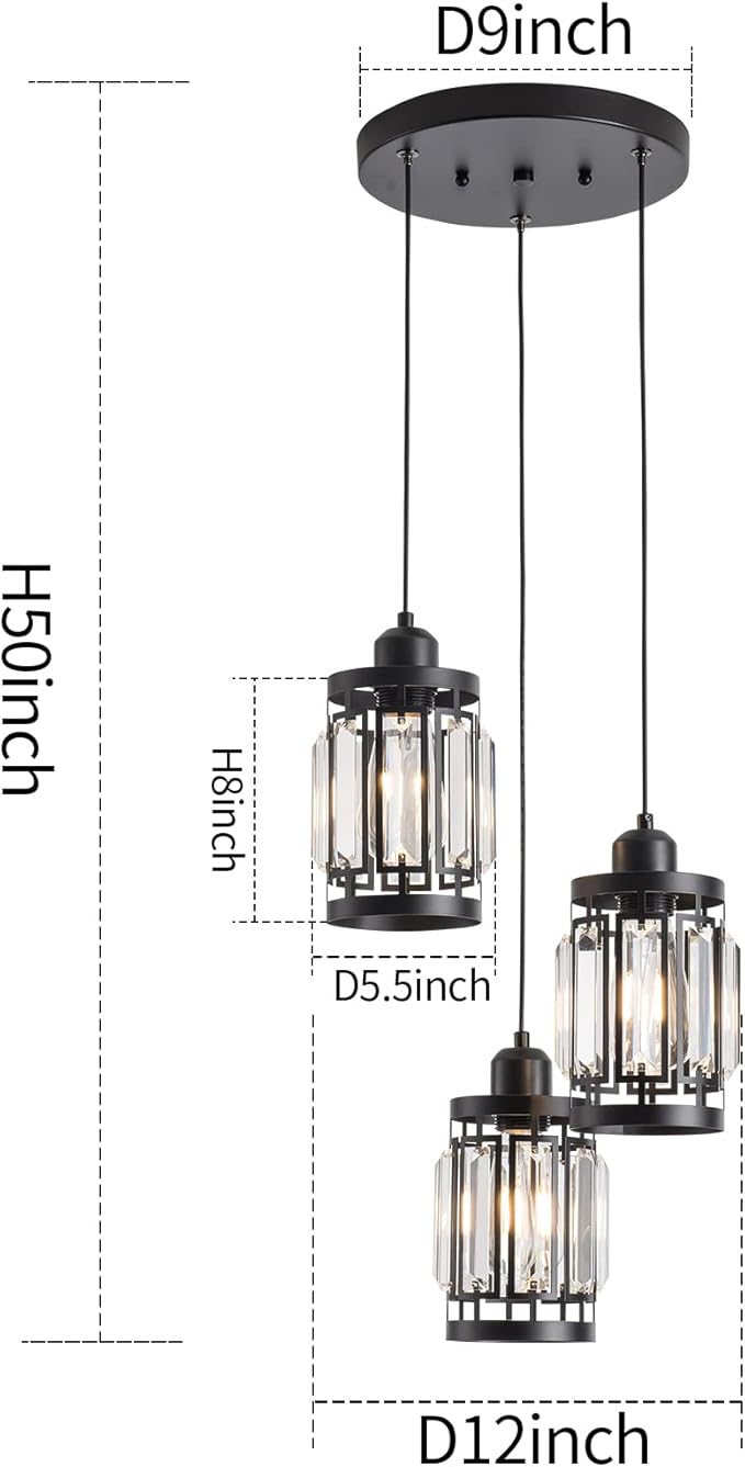 3 Light Farmhouse Pendant Light Adjustable Ceiling Hanging Lighting Fixture with K9 Crystals for Kitchen Restaurant Cafe Dining Room Island Light Black