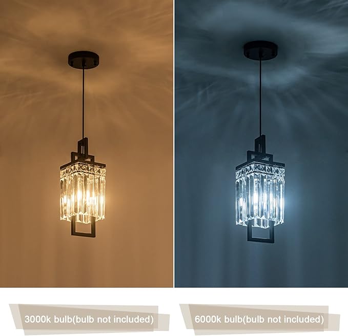 Modern Black Pendant Light Fixtures for Kitchen Island and Dining Room, Industrial Small Hanging Crystal Chandelier Light Fixture for Bedroom Entryway Living Room Foyer Hallway 1-Pack