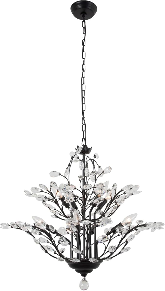 Maxax Vintage Crystal Branch Chandeliers, 8-Light Adjustable K9 Crystal Pendant Hanging Lighting Ceiling Light Fixtures Chandeliers for Dining Room, Living Room, Bedroom, Porch, 27.5in, Black
