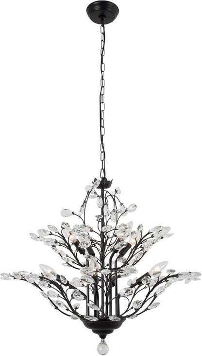 Maxax Vintage Crystal Branch Chandeliers, 8-Light Adjustable K9 Crystal Pendant Hanging Lighting Ceiling Light Fixtures Chandeliers for Dining Room, Living Room, Bedroom, Porch, 27.5in, Black