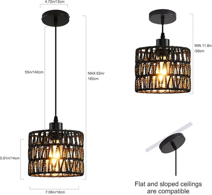 Woven Pendant Light Boho Chandelier, Rattan Pendant Lights Kitchen Island, Farmhouse Pendant Lighting with Hand Woven Wicker Shade, Boho Chandelier Light Fixtures Ceiling Hanging Light