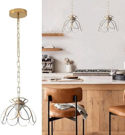 Brass Glass Ceiling Pendant Light, Hanging Chain lamp, with Vintage Lotus Flower Clear Glass Shade for Kitchen Island Dining Room Bedroom Living Room-7.9" Shade
