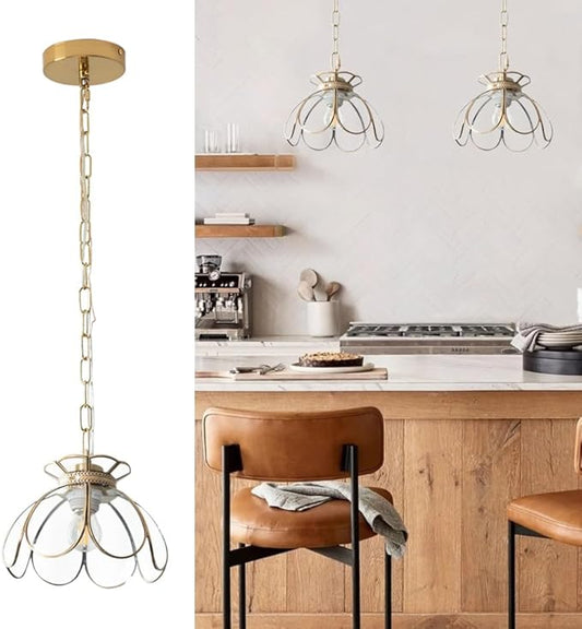 Brass Glass Ceiling Pendant Light, Hanging Chain lamp, with Vintage Lotus Flower Clear Glass Shade for Kitchen Island Dining Room Bedroom Living Room-7.9" Shade