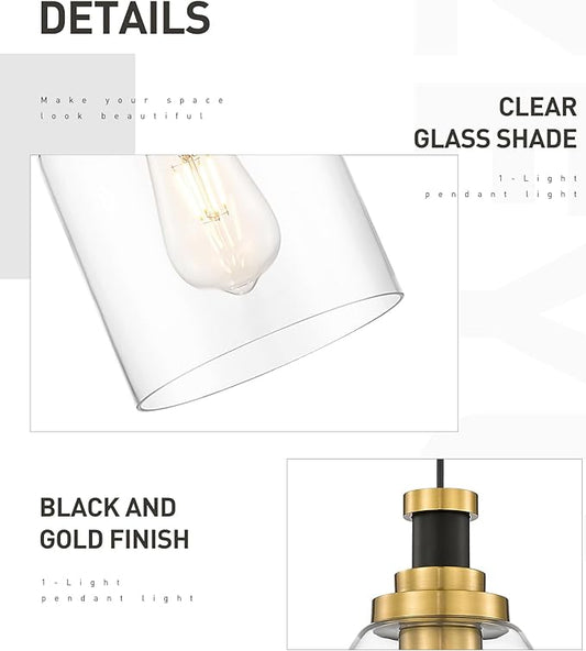 zeyu Glass Pendant Lights Kitchen Island 2 Pack, Modern Hanging Light for Kitchen Sink Dining Room, Clear Glass Shade, Black and Gold Finish, ZG33M1L-2L BK+BG