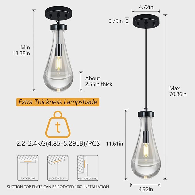 Raindrop Pendant Lights Kitchen Island Teardrop PlatingBlack Hanging Light Fixtures Clear Solid Glass Pendant Light Modern Chandeliers for Dining Room Porch Corridor Living Room(Black 2-Pack)