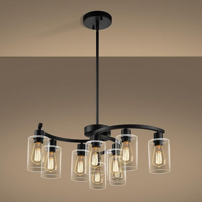 CNRATYE 9-Light Black Modern Chandeliers for Dining Room, Adjustable Height Farmhouse Kitchen Island Lighting, Industrial Hanging Light Fixtures for Living Room Bedroom, Clear Glass Shade