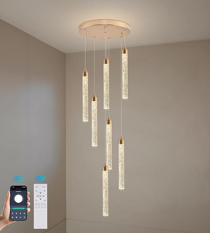 Crystal Staircase Chandelier, Modern Gold Spiral Dimmable LED Cluster Raindrop Foyer Chandelier Lighting, Bubble Living Room Hanging Light Fixture 7 Light Remote Control