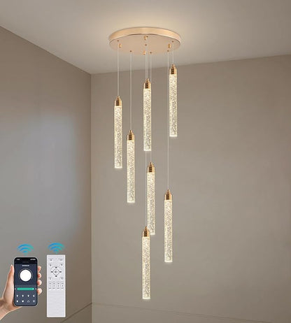 Crystal Staircase Chandelier, Modern Gold Spiral Dimmable LED Cluster Raindrop Foyer Chandelier Lighting, Bubble Living Room Hanging Light Fixture 7 Light Remote Control