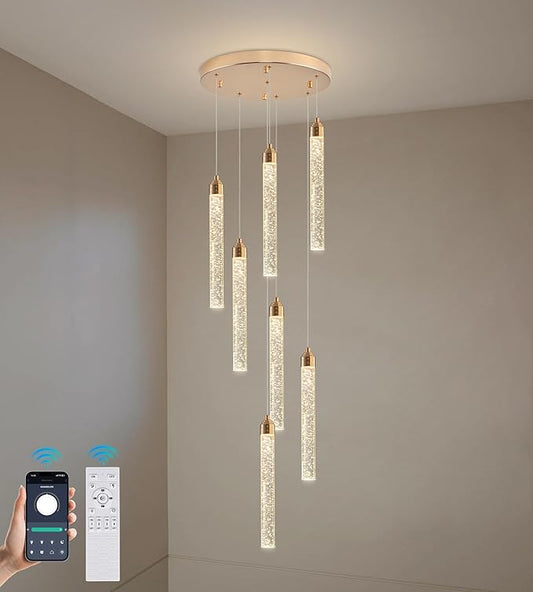 Crystal Staircase Chandelier, Modern Gold Spiral Dimmable LED Cluster Raindrop Foyer Chandelier Lighting, Bubble Living Room Hanging Light Fixture 7 Light Remote Control