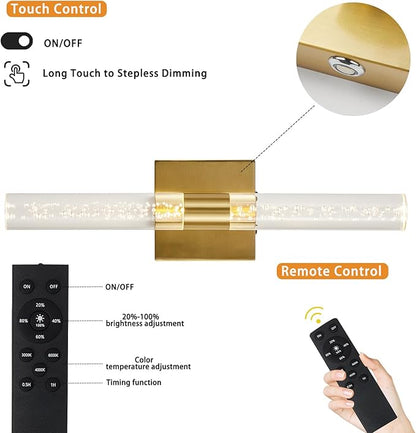 Battery Operated Wall Sconce Set of Two, Rechargeable Modern Crystal Bathroom Sconces, 3000K-6000K Dimmable Gold LED Wireless Wall Lights for Vanity Bedroom Living Room Hallway
