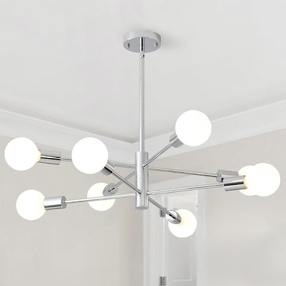 HHR Modern Sputnik Light Fixture, 8-Light Chrome Mid Century Ceiling Chandelier, Height Adjustable Farmhouse Chandeliers for Living Dining Room Kitchen Island Over Table