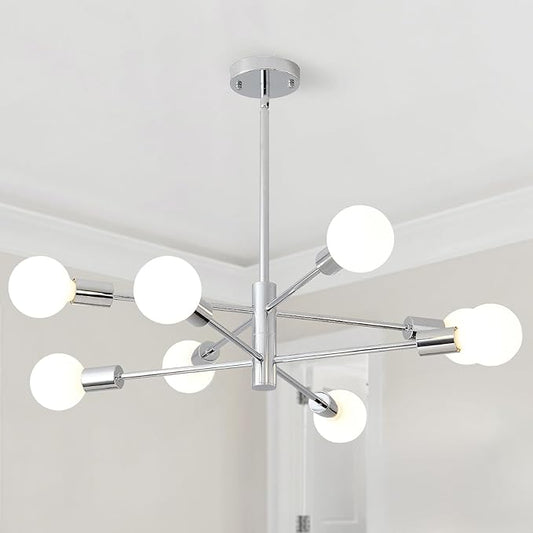 HHR Modern Sputnik Light Fixture, 8-Light Chrome Mid Century Ceiling Chandelier, Height Adjustable Farmhouse Chandeliers for Living Dining Room Kitchen Island Over Table