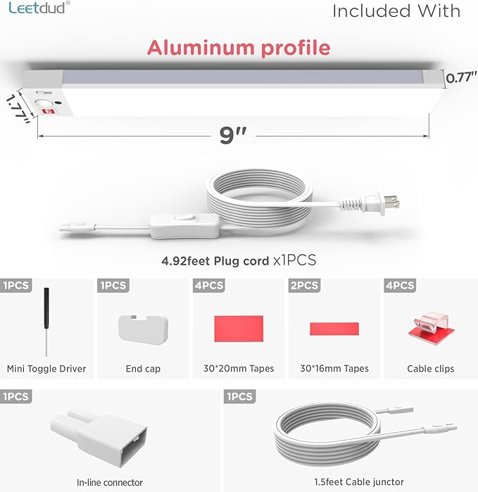 Leetdud Under Cabinet Lighting Plug in 9 Inch, 120V Motion Sensor Lights Indoor, 3CCT 3000/4000/5000K, Aluminum Linkable Super Bright LED Counter Light with Timer for Kitchen, Shelf, Closet, 1 Pack